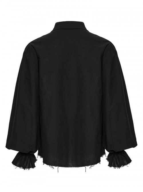 Lace-Up Collar Front Chest Frill Lantern Sleeve Rough Selvedge Cuff Black Punk Shirt