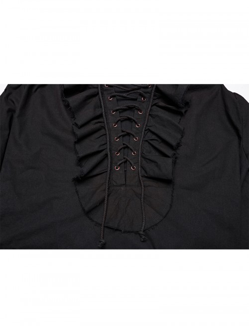 Lace-Up Collar Front Chest Frill Lantern Sleeve Rough Selvedge Cuff Black Punk Shirt