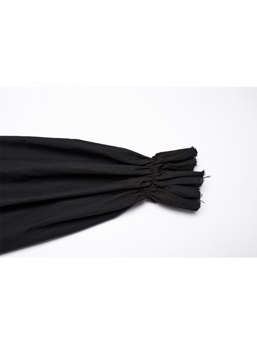 Lace-Up Collar Front Chest Frill Lantern Sleeve Rough Selvedge Cuff Black Punk Shirt