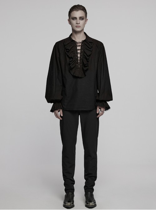 Lace-Up Collar Front Chest Frill Lantern Sleeve Rough Selvedge Cuff Black Punk Shirt