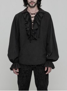 Lace-Up Collar Front Chest Frill Lantern Sleeve Rough Selvedge Cuff Black Punk Shirt