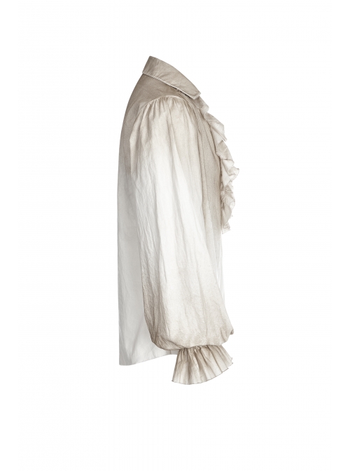 Lace-Up Collar Front Chest Frill Lantern Sleeve Rough Selvedge Cuff White Punk Spray Painting Shirt