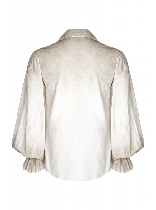 Lace-Up Collar Front Chest Frill Lantern Sleeve Rough Selvedge Cuff White Punk Spray Painting Shirt