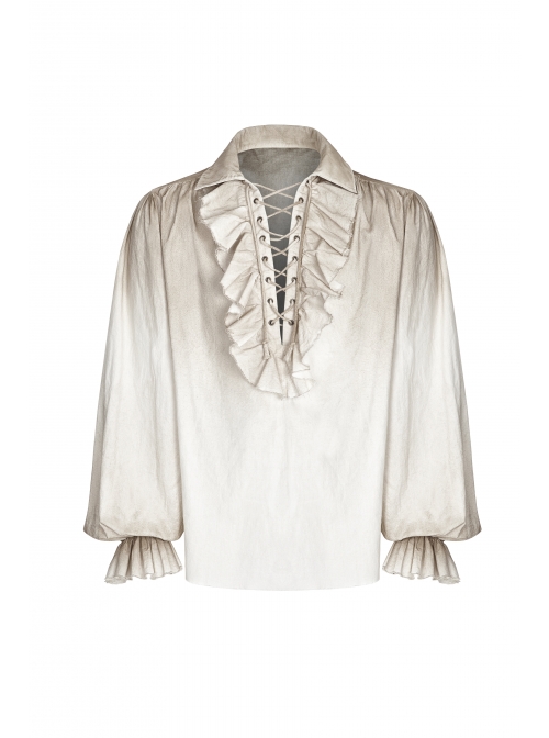 Lace-Up Collar Front Chest Frill Lantern Sleeve Rough Selvedge Cuff White Punk Spray Painting Shirt