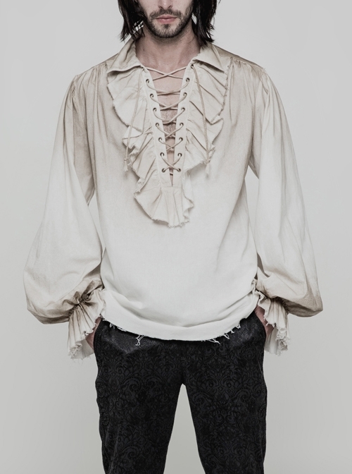 Lace-Up Collar Front Chest Frill Lantern Sleeve Rough Selvedge Cuff White Punk Spray Painting Shirt