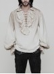 Lace-Up Collar Front Chest Frill Lantern Sleeve Rough Selvedge Cuff White Punk Spray Painting Shirt