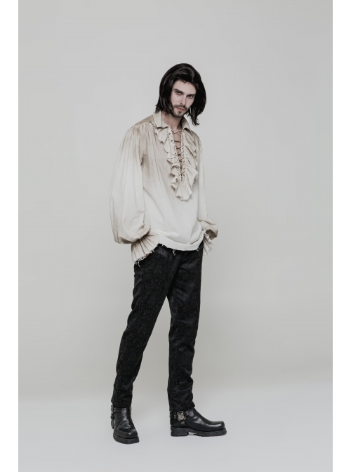 Lace-Up Collar Front Chest Frill Lantern Sleeve Rough Selvedge Cuff White Punk Spray Painting Shirt