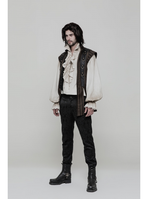 Lace-Up Collar Front Chest Frill Lantern Sleeve Rough Selvedge Cuff White Punk Spray Painting Shirt