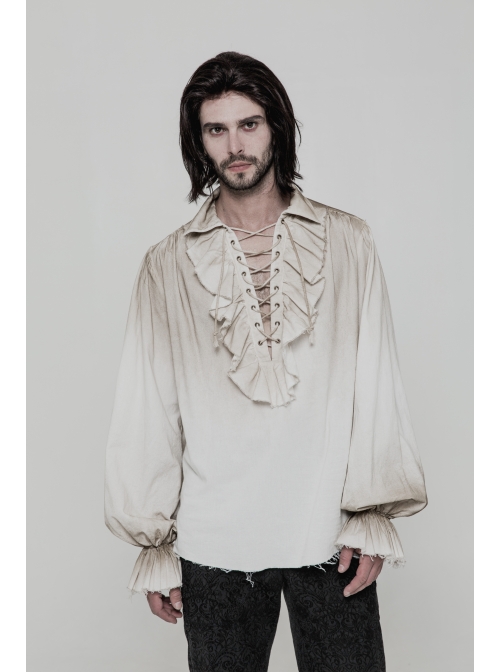 Lace-Up Collar Front Chest Frill Lantern Sleeve Rough Selvedge Cuff White Punk Spray Painting Shirt