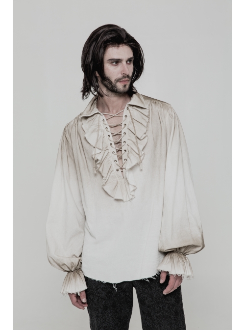Lace-Up Collar Front Chest Frill Lantern Sleeve Rough Selvedge Cuff White Punk Spray Painting Shirt