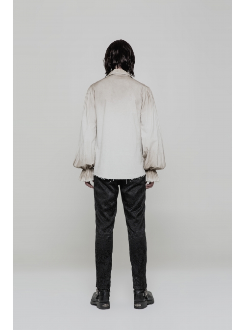 Lace-Up Collar Front Chest Frill Lantern Sleeve Rough Selvedge Cuff White Punk Spray Painting Shirt