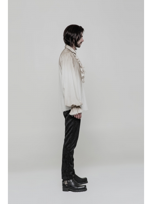 Lace-Up Collar Front Chest Frill Lantern Sleeve Rough Selvedge Cuff White Punk Spray Painting Shirt