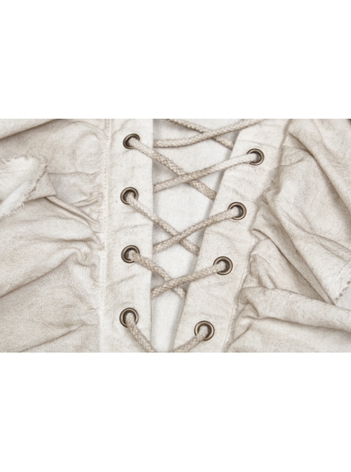 Lace-Up Collar Front Chest Frill Lantern Sleeve Rough Selvedge Cuff White Punk Spray Painting Shirt