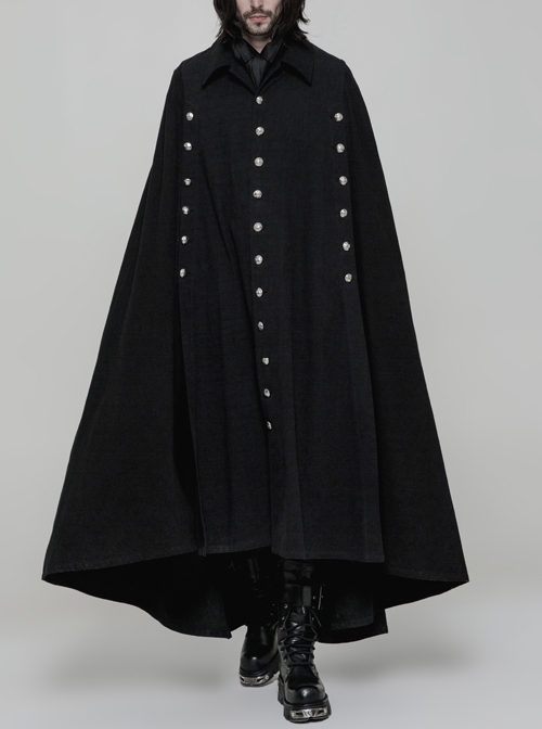 Front Metal Button Slit Long Sleeve Irregular Hem Black Gothic Dark Weave Woven Cloak