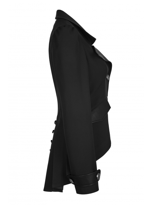 Front Metal Button Long Sleeve Vented Flap Slit Hem Black Punk Jacket
