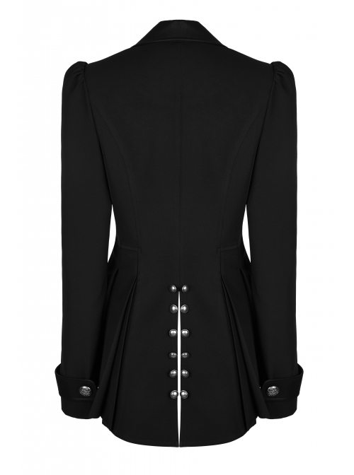 Front Metal Button Long Sleeve Vented Flap Slit Hem Black Punk Jacket