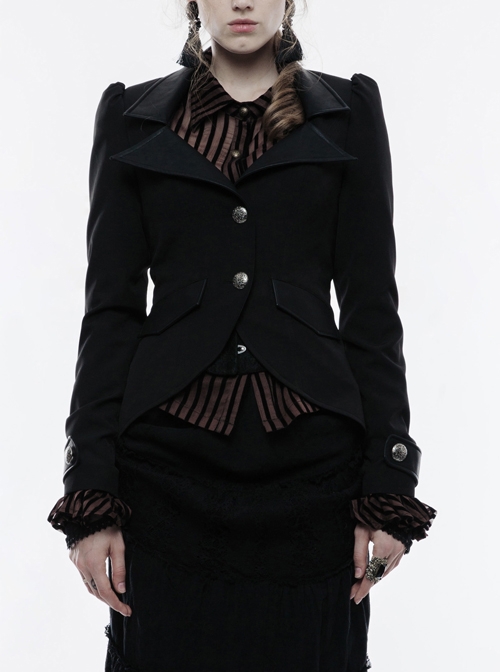 Front Metal Button Long Sleeve Vented Flap Slit Hem Black Punk Jacket
