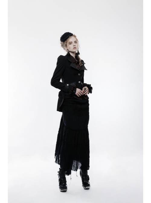 Front Metal Button Long Sleeve Vented Flap Slit Hem Black Punk Jacket