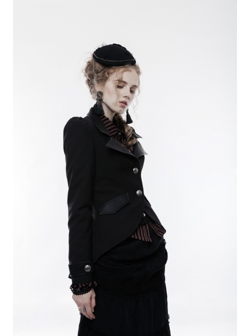 Front Metal Button Long Sleeve Vented Flap Slit Hem Black Punk Jacket
