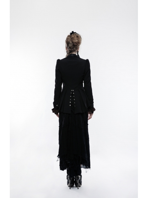 Front Metal Button Long Sleeve Vented Flap Slit Hem Black Punk Jacket