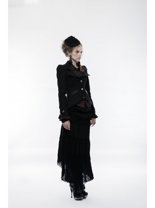 Front Metal Button Long Sleeve Vented Flap Slit Hem Black Punk Jacket
