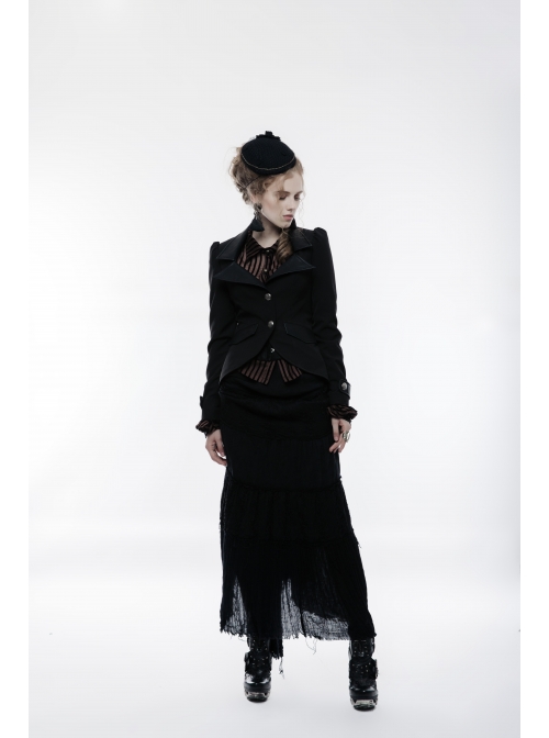 Front Metal Button Long Sleeve Vented Flap Slit Hem Black Punk Jacket