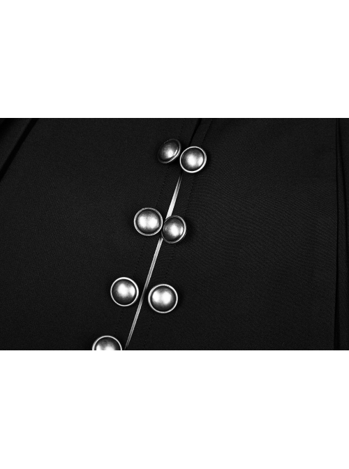 Front Metal Button Long Sleeve Vented Flap Slit Hem Black Punk Jacket