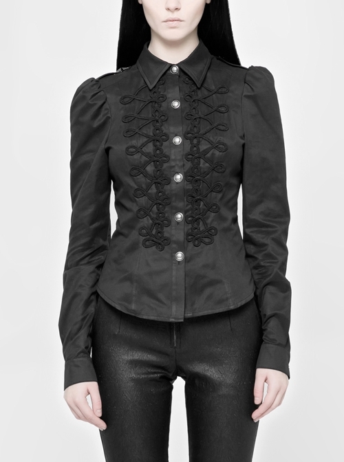 Front Retro Continuous Buttonhole Loop Long Sleeve Slit Cuff Black Gothic Twill Shirt
