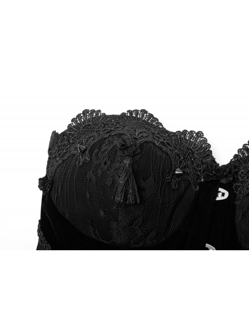 Off-Shoulder Front Lacey Lace Back Waist Lace-Up Black Gothic Weft Velveteen Corset
