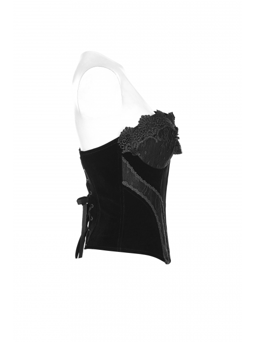 Off-Shoulder Front Lacey Lace Back Waist Lace-Up Black Gothic Weft Velveteen Corset