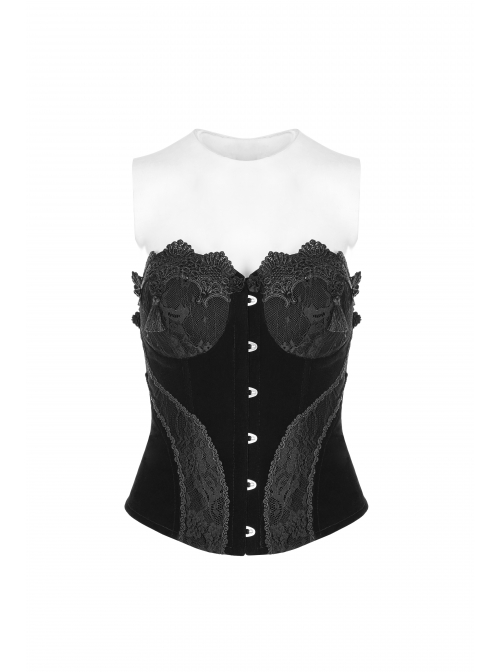 Off-Shoulder Front Lacey Lace Back Waist Lace-Up Black Gothic Weft Velveteen Corset