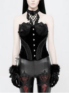 Off-Shoulder Front Lacey Lace Back Waist Lace-Up Black Gothic Weft Velveteen Corset