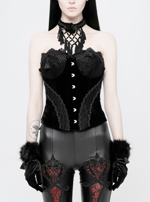 Off-Shoulder Front Lacey Lace Back Waist Lace-Up Black Gothic Weft Velveteen Corset