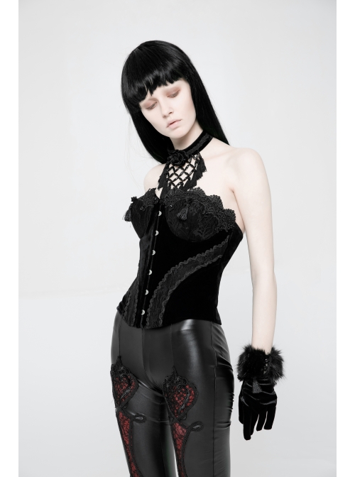Off-Shoulder Front Lacey Lace Back Waist Lace-Up Black Gothic Weft Velveteen Corset