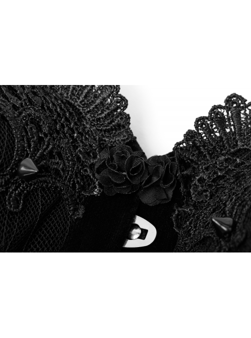 Off-Shoulder Front Lacey Lace Back Waist Lace-Up Black Gothic Weft Velveteen Corset