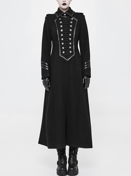 Front Chest Retro Plate Flower Buckle Metal Button Long Sleeve Back Waist Lace-Up Black Gothic Woolen Long Coat
