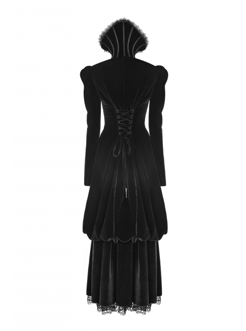 Stand-Up Lace Collar Front Chest Retro Plate Flower Buckle Back Waist Lace-Up Lace Hem Black Gothic Long Coat