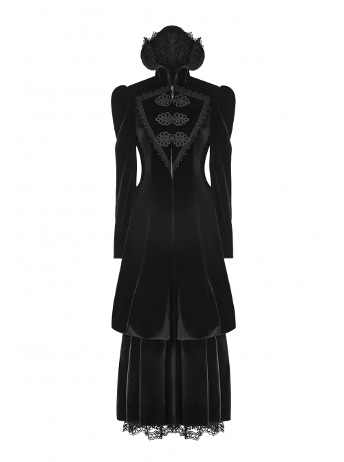 Stand-Up Lace Collar Front Chest Retro Plate Flower Buckle Back Waist Lace-Up Lace Hem Black Gothic Long Coat