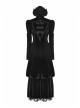 Stand-Up Lace Collar Front Chest Retro Plate Flower Buckle Back Waist Lace-Up Lace Hem Black Gothic Long Coat