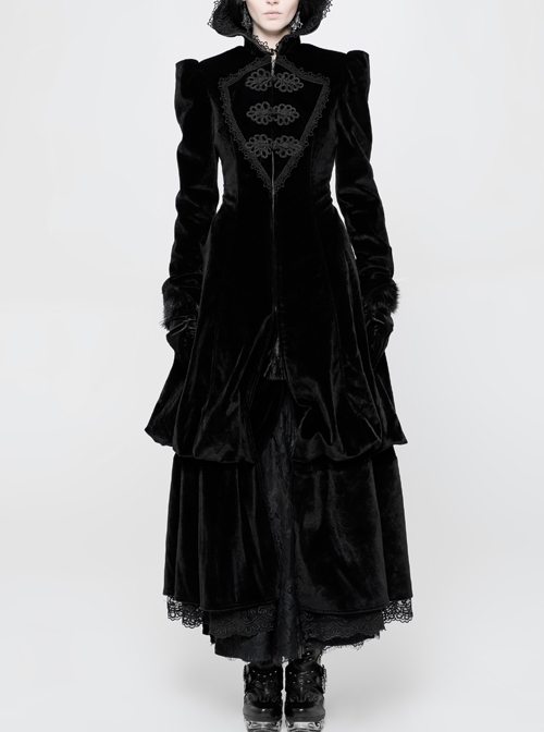 Stand-Up Lace Collar Front Chest Retro Plate Flower Buckle Back Waist Lace-Up Lace Hem Black Gothic Long Coat