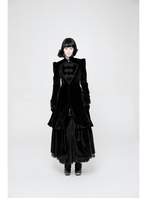 Stand-Up Lace Collar Front Chest Retro Plate Flower Buckle Back Waist Lace-Up Lace Hem Black Gothic Long Coat