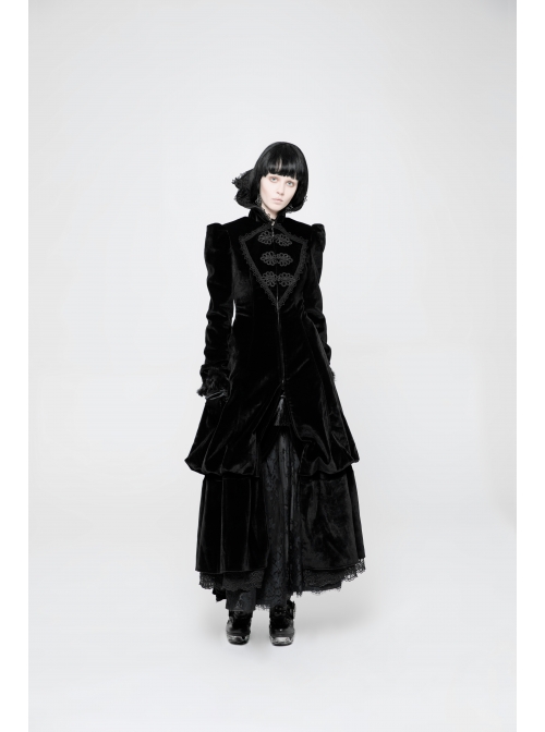 Stand-Up Lace Collar Front Chest Retro Plate Flower Buckle Back Waist Lace-Up Lace Hem Black Gothic Long Coat