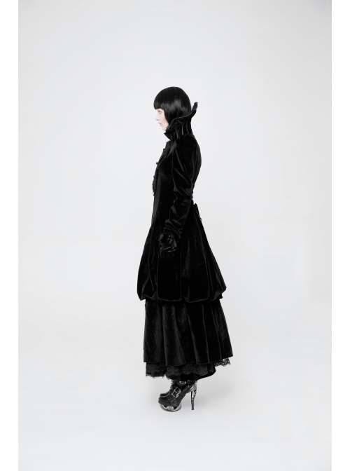 Stand-Up Lace Collar Front Chest Retro Plate Flower Buckle Back Waist Lace-Up Lace Hem Black Gothic Long Coat