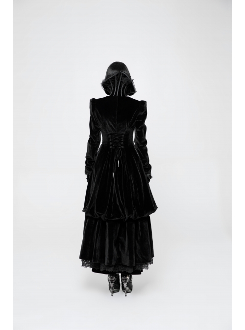 Stand-Up Lace Collar Front Chest Retro Plate Flower Buckle Back Waist Lace-Up Lace Hem Black Gothic Long Coat