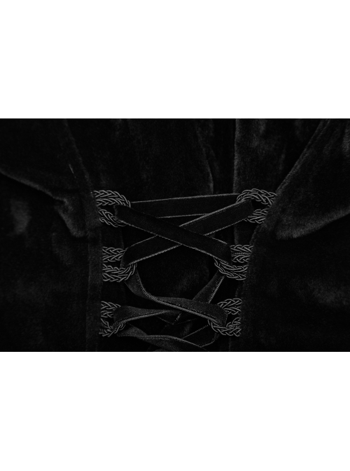 Stand-Up Lace Collar Front Chest Retro Plate Flower Buckle Back Waist Lace-Up Lace Hem Black Gothic Long Coat