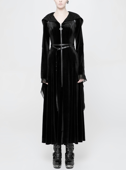 V-Neck Front Metal Zipper Leather Belt Flare Sleeve Lace Cuff Black Gothic Hooded Long Coat