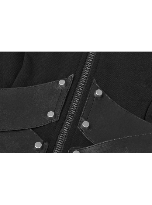 Stand-Up Collar Waist Splice Leather Lace-Up Long Sleeve Black Punk Hooded Cardigan Sweater