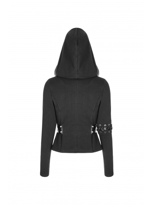 Stand-Up Collar Waist Splice Leather Lace-Up Long Sleeve Black Punk Hooded Cardigan Sweater