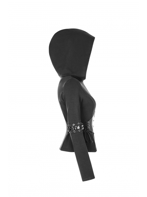 Stand-Up Collar Waist Splice Leather Lace-Up Long Sleeve Black Punk Hooded Cardigan Sweater