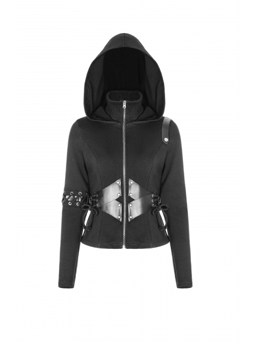Stand-Up Collar Waist Splice Leather Lace-Up Long Sleeve Black Punk Hooded Cardigan Sweater
